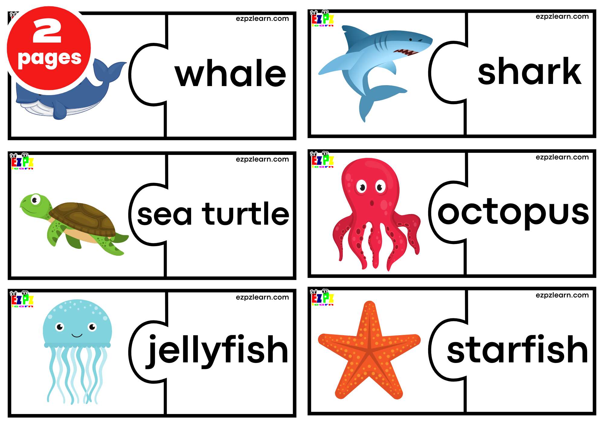 Sea Animals Puzzle Match Game. Large Size 6 Words per page. Free PDF Download